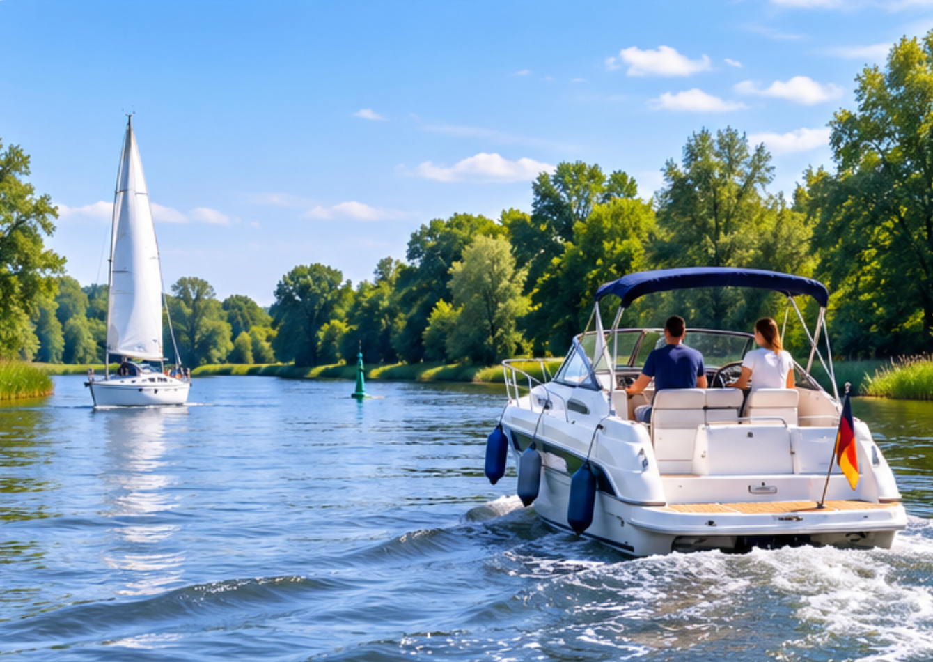 Motorboot und Segelboot auf einer Binnenwasserstraße